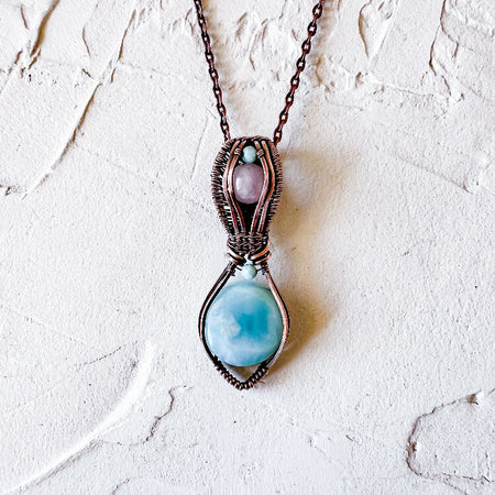 Larimar and Rose Quartz copper wire pendant with larimar accent beads