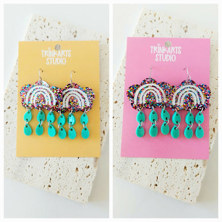 Rainbow Cloud Dangle Earrings Lightweight Resin Glitter Statement Earrings