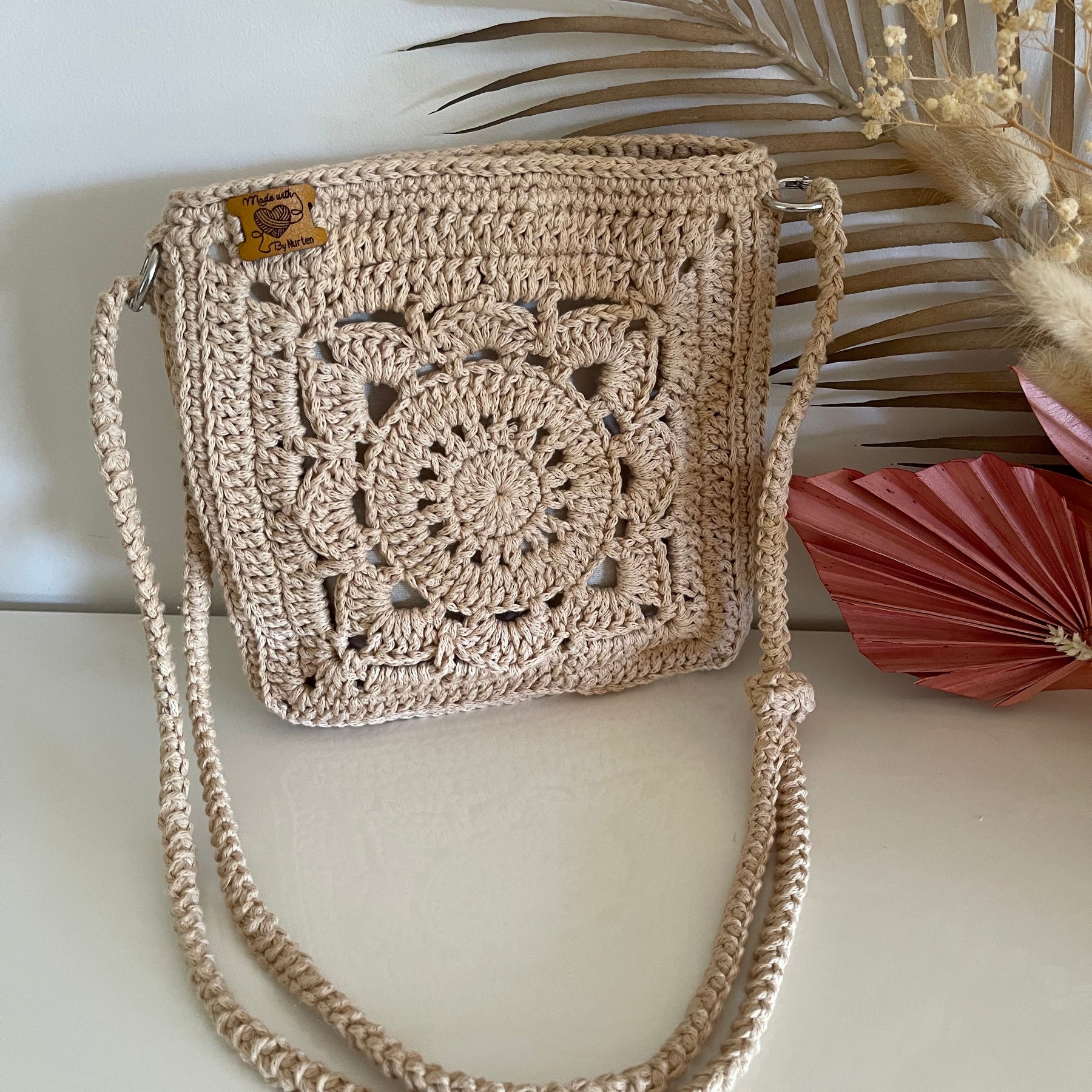 Handmade Crochet Crossbody Bag - Beige Boho Shoulder Bag, Fully Lined