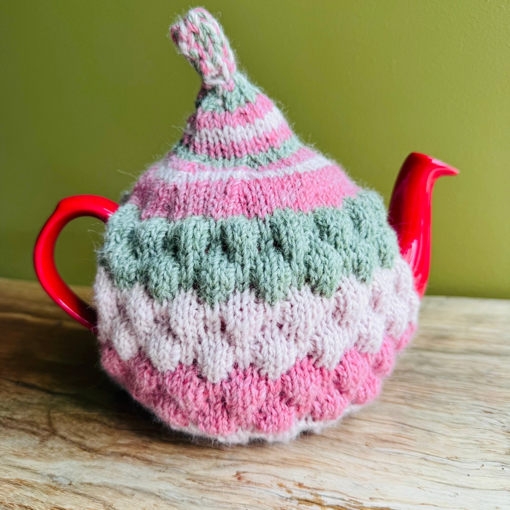 Teapot Cosy - Pink/Green - Alpaca/Merino -  4-6 cup