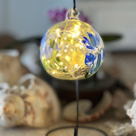 Glass Hanging Candle Holder Hand Painted With Blue Blooms