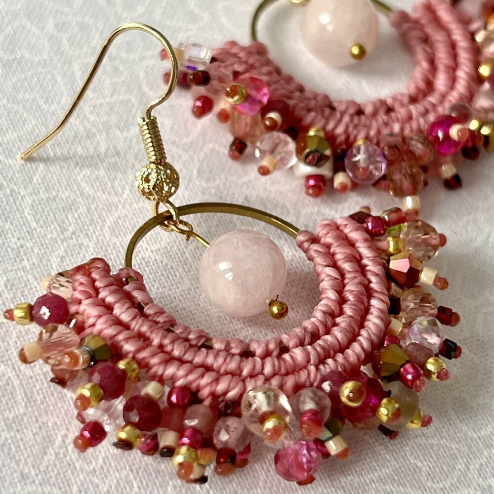 Pink Shades Micro Macrame Earrings gemstone +Free Microfiber Pouch