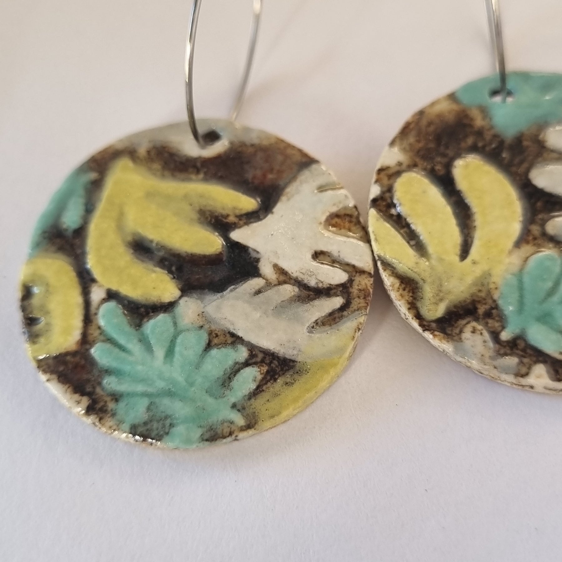 Handmade Stoneware Ceramic Earrings, chartreuse-green-black-white multi-coloured, 35mm diameter, pierced ears