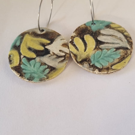Handmade Stoneware Ceramic Earrings, chartreuse-green-black-white multi-coloured, 35mm diameter, pierced ears
