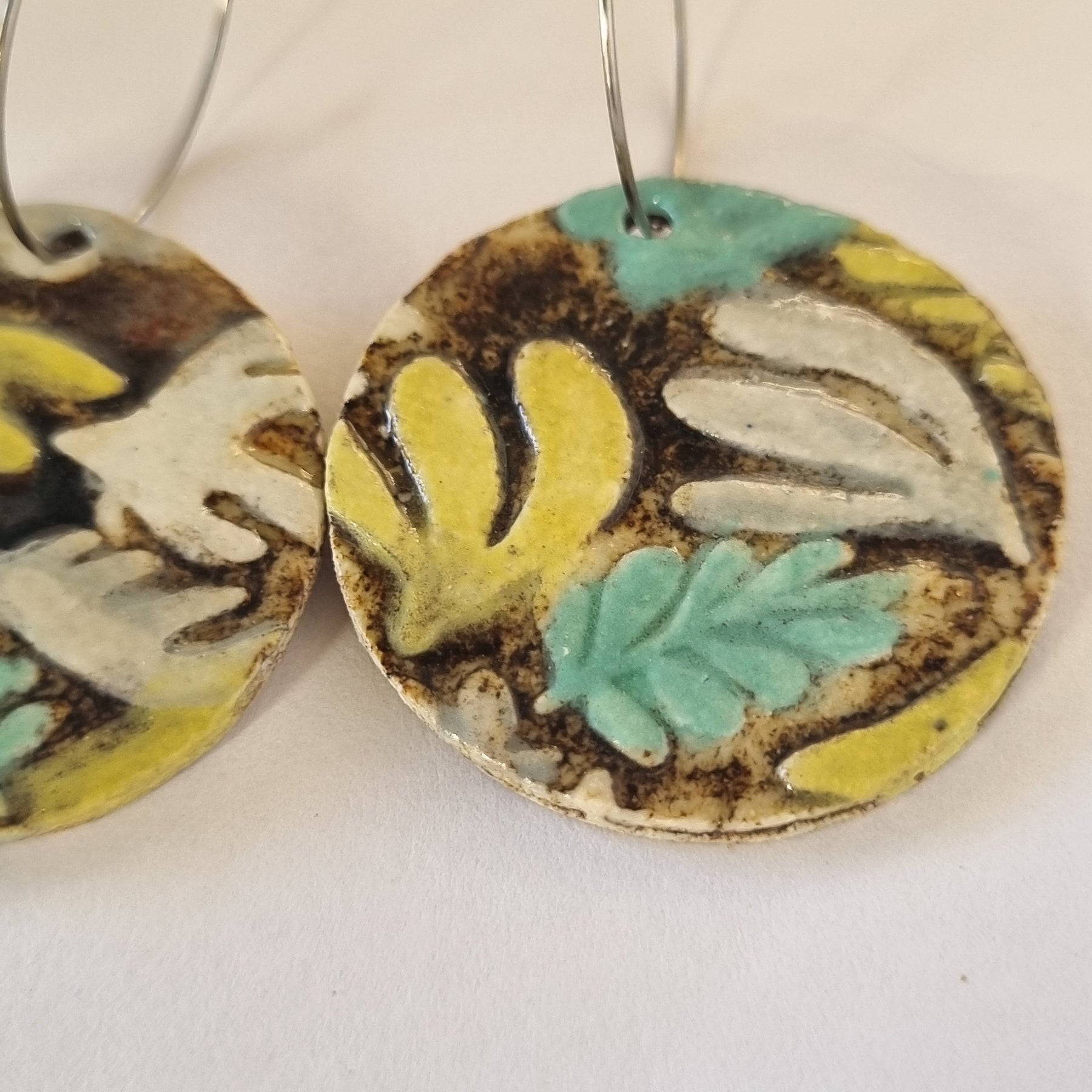 Handmade Stoneware Ceramic Earrings, chartreuse-green-black-white multi-coloured, 35mm diameter, pierced ears