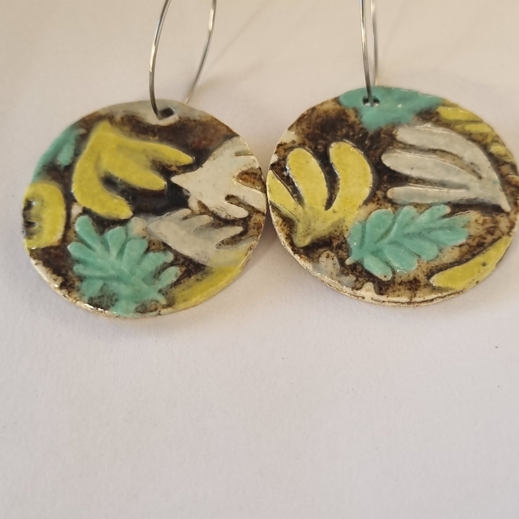 Handmade Stoneware Ceramic Earrings, chartreuse-green-black-white multi-coloured, 35mm diameter, pierced ears