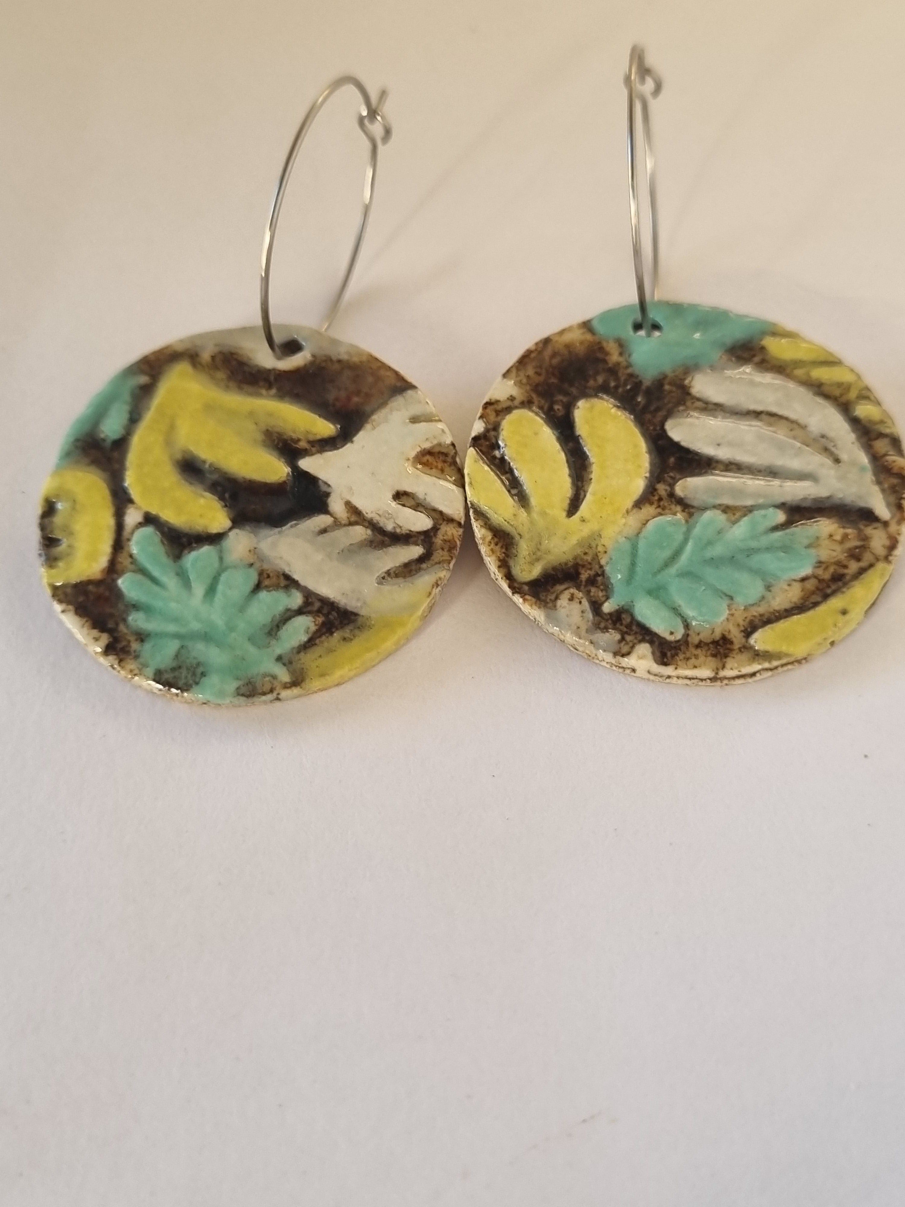 Handmade Stoneware Ceramic Earrings, chartreuse-green-black-white multi-coloured, 35mm diameter, pierced ears