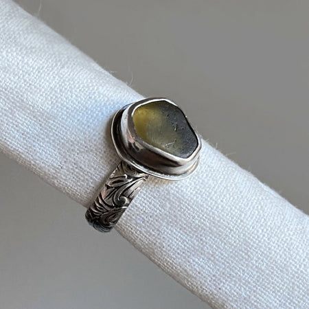 Sterling Silver Ring Floral Band Yellow Sea Glass
