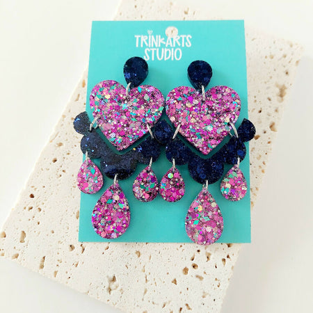 Large Frilly Love Heart Glitter Mix Dangle Earrings