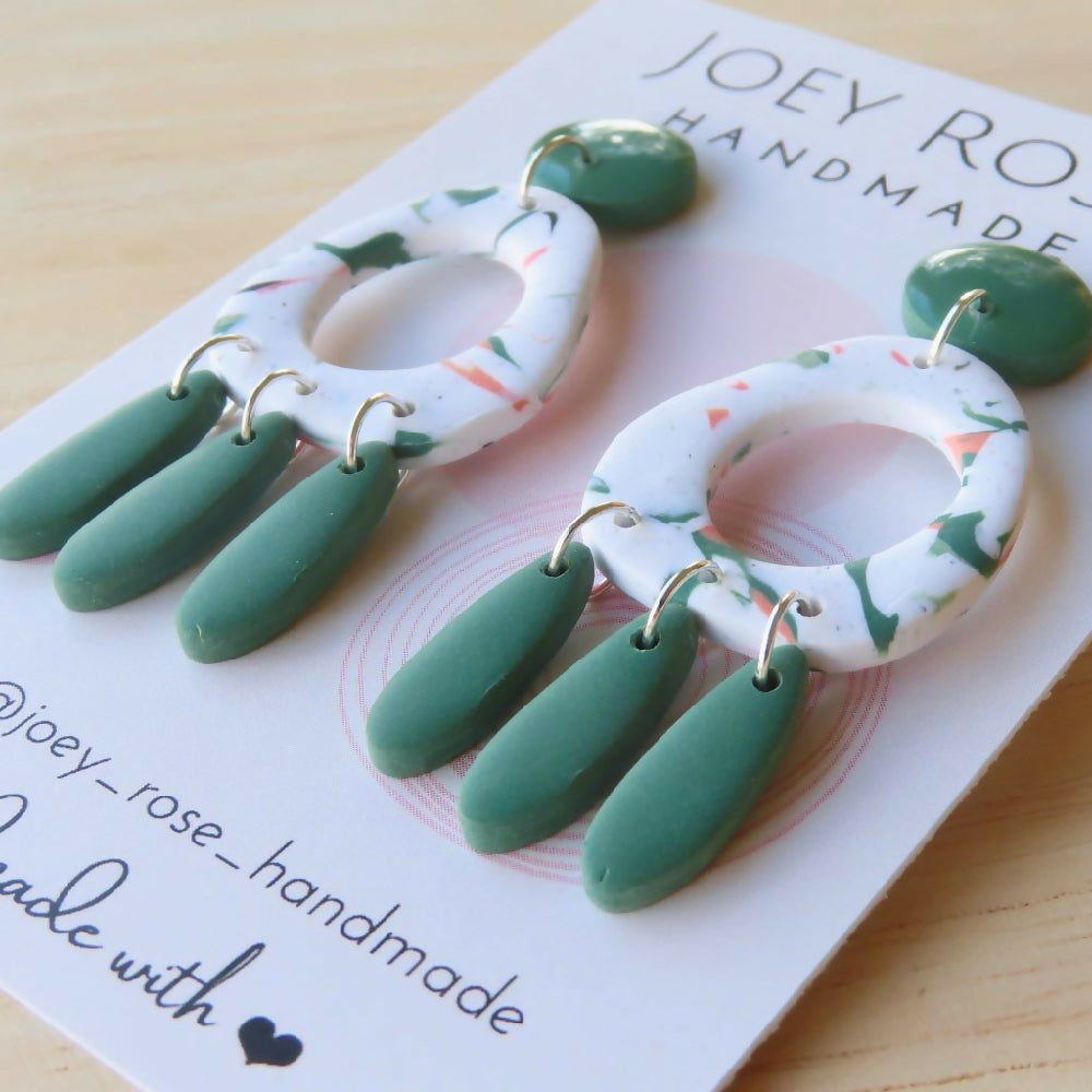 CHRISSY ~ Green & Peach Marbled Print ~ Polymer Clay Earrings