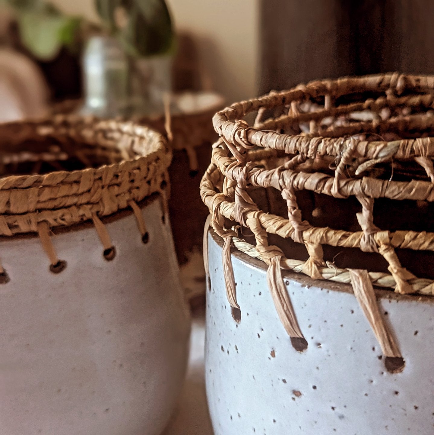 Clay Planter Pots with Woven Edge |  Basketry Detail |Recycled Circular Clay Seagrass Raffia|