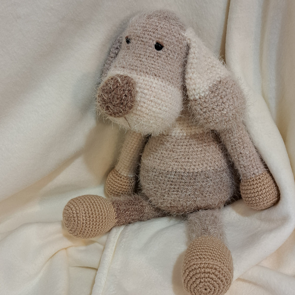 Handmade crochet toy puppy dog soft fluffy yarn brown to cream