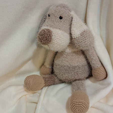 Handmade crochet toy puppy dog soft fluffy yarn brown to cream