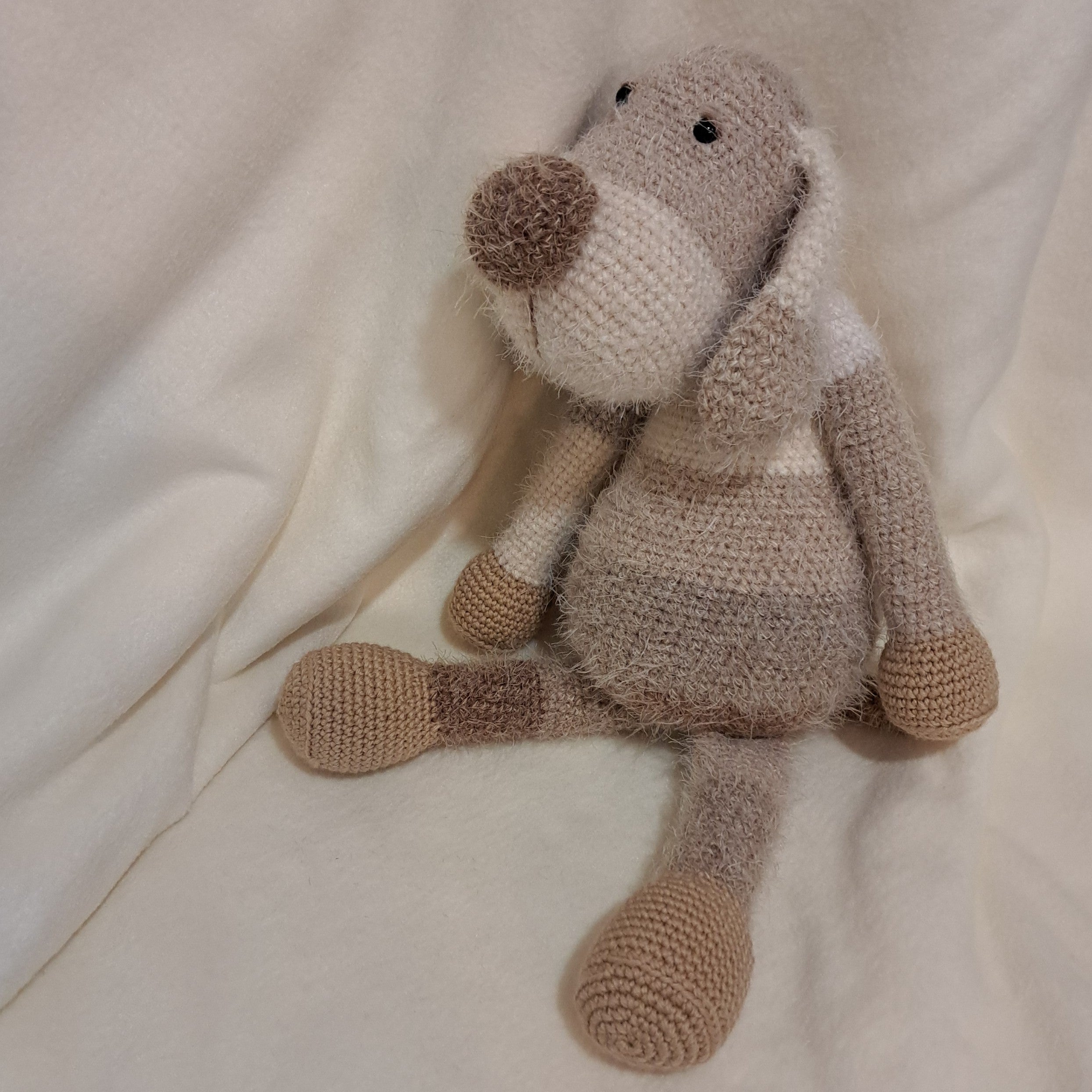 Handmade crochet toy puppy dog soft fluffy yarn brown to cream