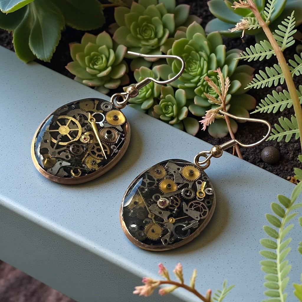 Steampunk watch parts rose gold oval earrings