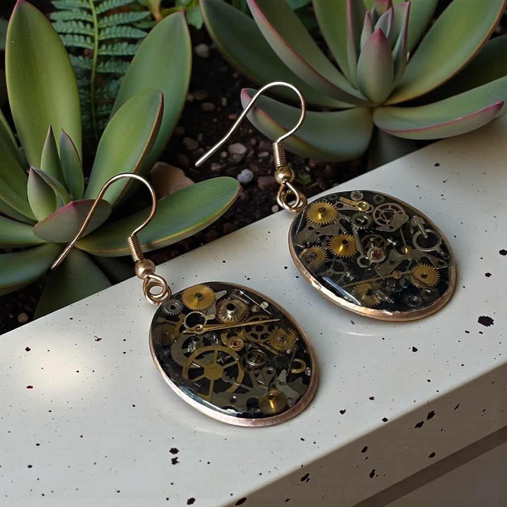 Steampunk watch parts rose gold oval earrings