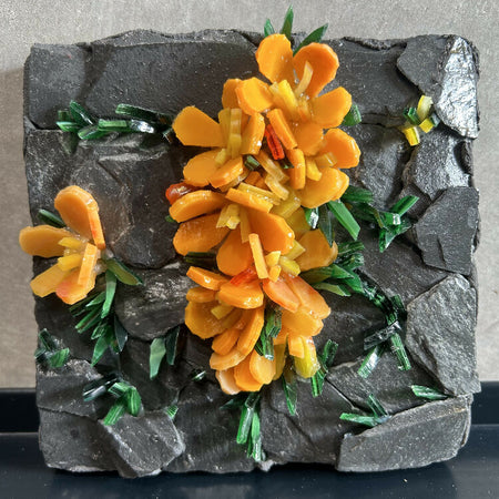 Stained Glass Orange Flowers and Slate Block Mosaic