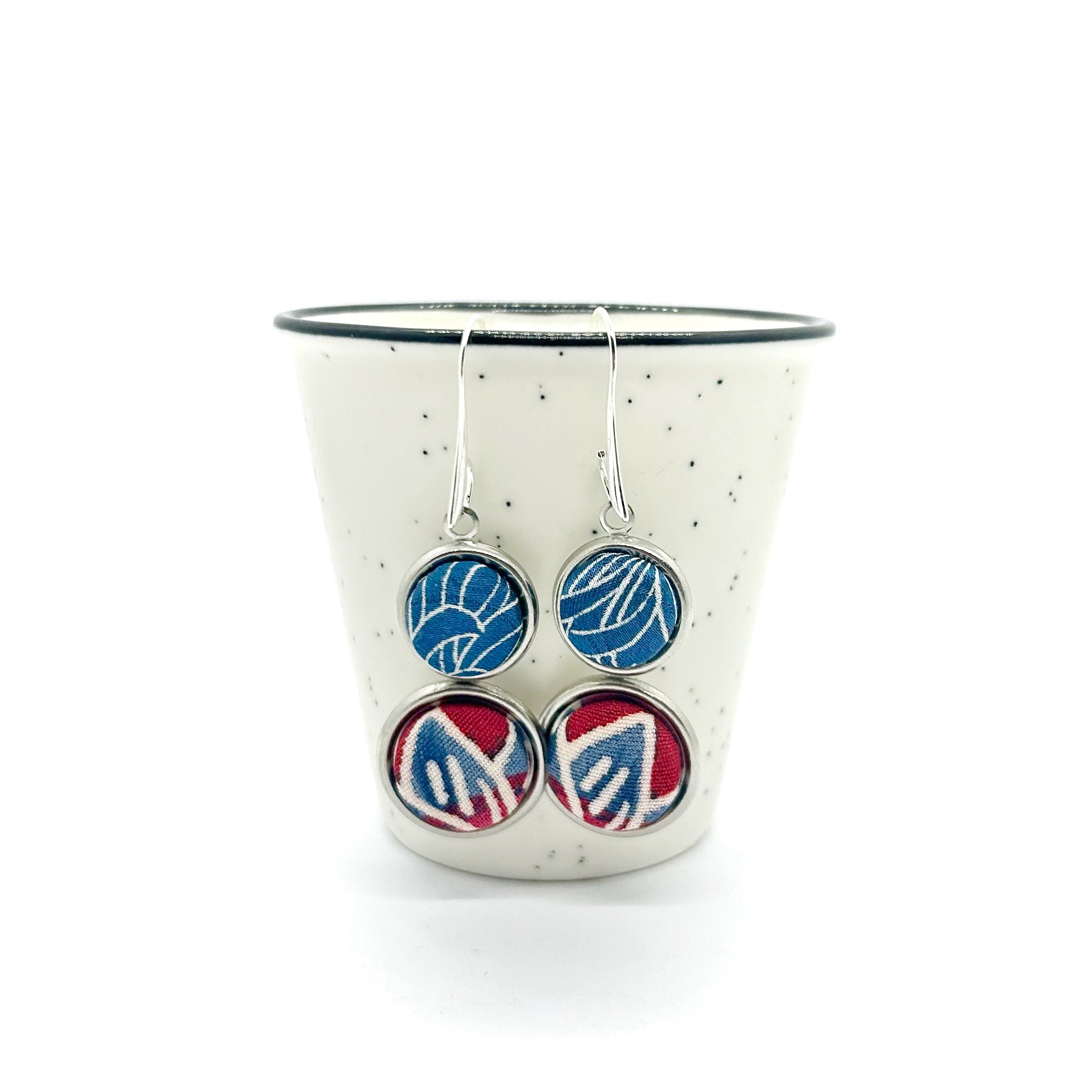Double Drop Kimono Fabric Button Earrings - Blue Waves