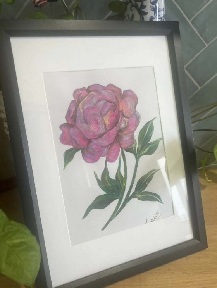 Watercolor Titled Divine , stunning shimmering rose framed