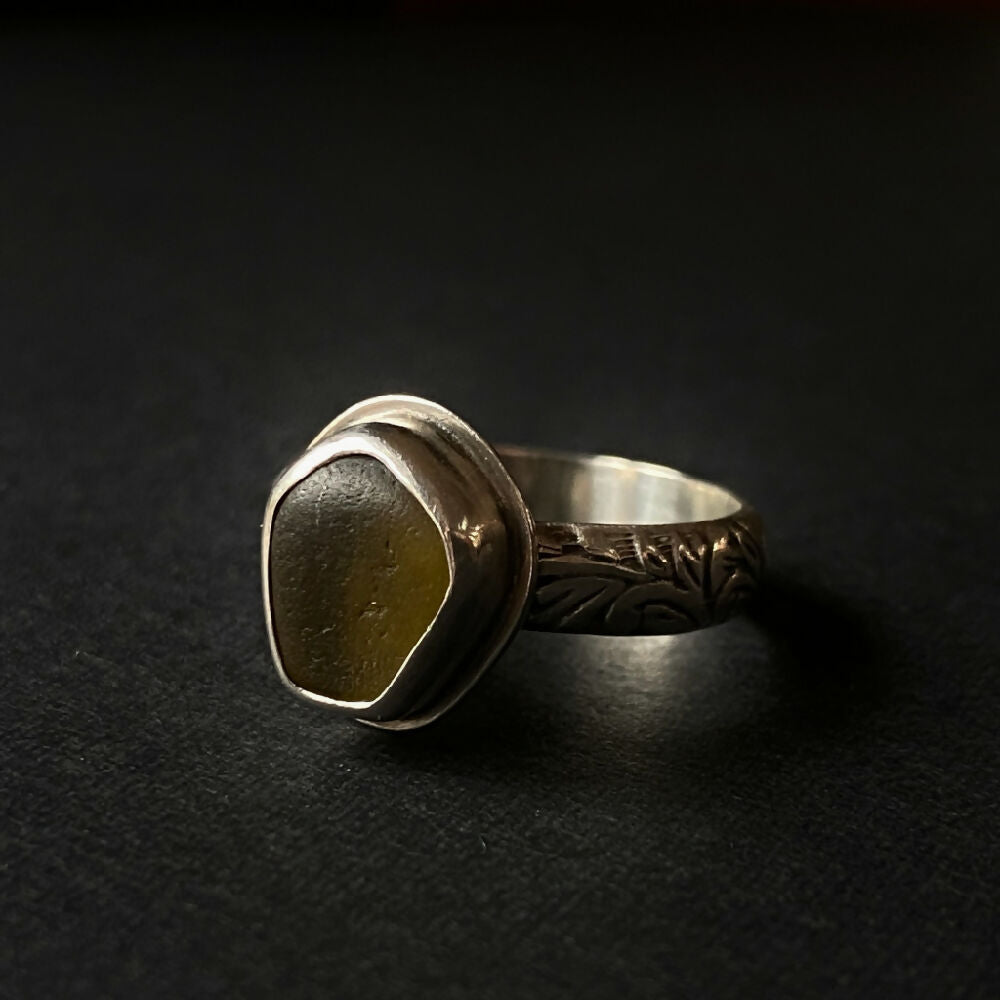 Ring - Sea Glass Sterling Silver Bezel Set Yellow D