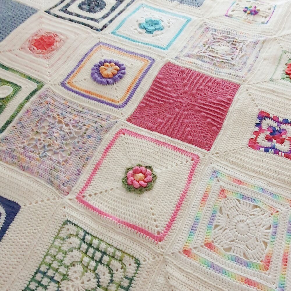 Single Blanket square blocks crochet wool cream multicolour