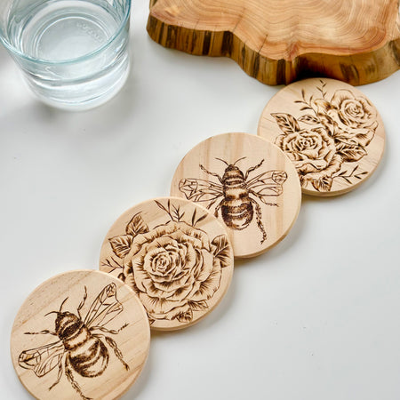 Pyrography Wood Coaster Honey Bee and Flower | Hand Burnt Stunning Coasters