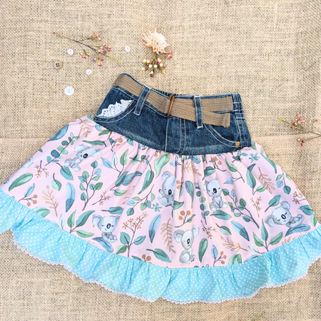 Girls Skirt Upcycled Denim Koalas and Teal Ruffle Size 3