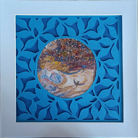 Ophelia- art image on porcelain canvas round tile in papercut frame