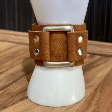 Adjustable Leather Cuff with Silver Hardware