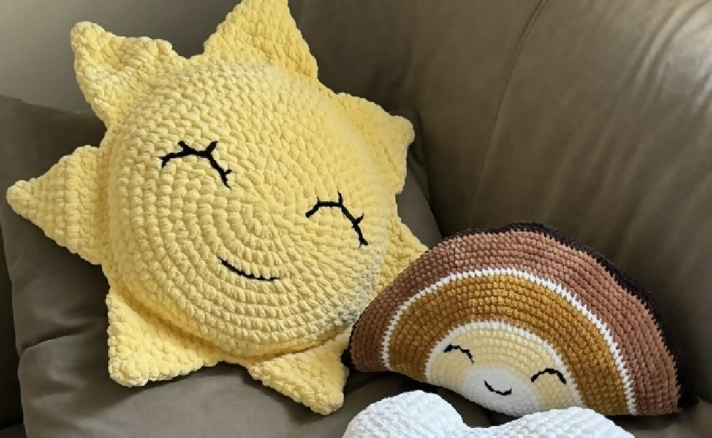 Crochet Plush Nursery Cushion, Smiley Sun, Yellow