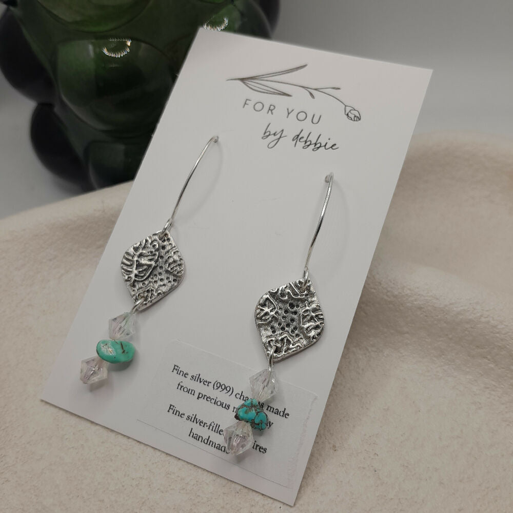 Fine silver earrings boho turquoise -handmade ear wire