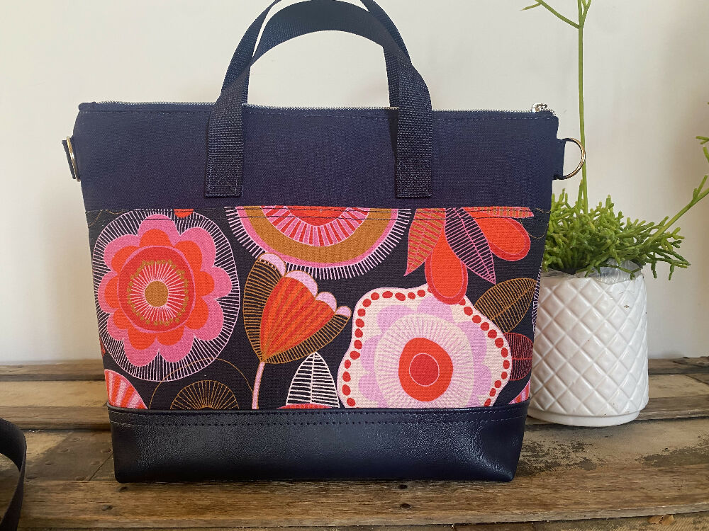 Lola Crossbody/Tote Bag - Navy & Hot Pink Floral/Navy Faux Leather
