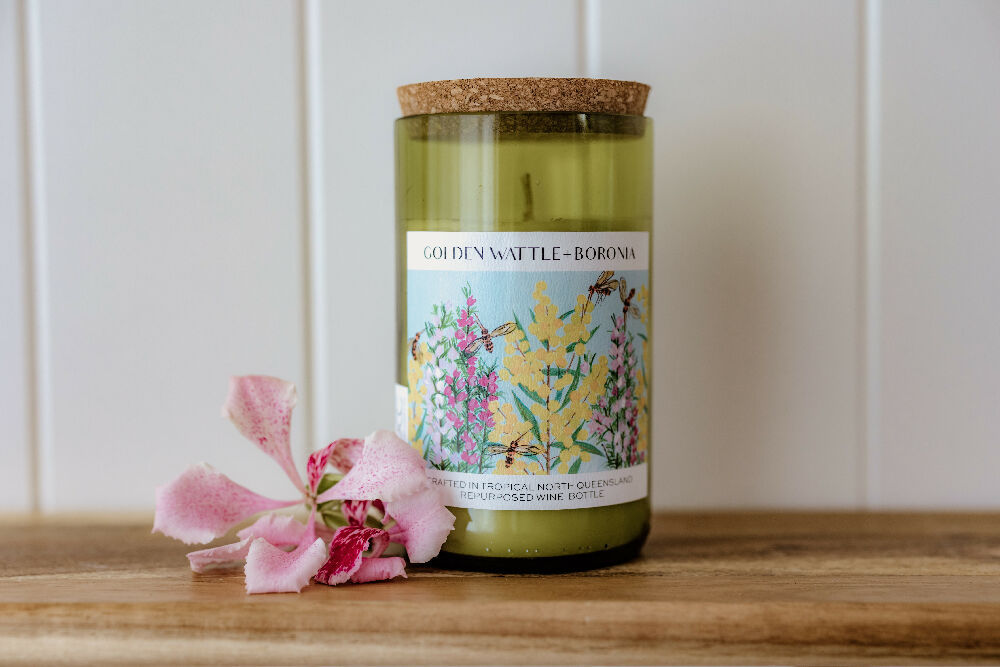 Golden Wattle + Boronia Wine bottle candle