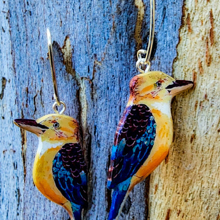 Kookaburra earrings on silver hooks, handpainted, handcarved