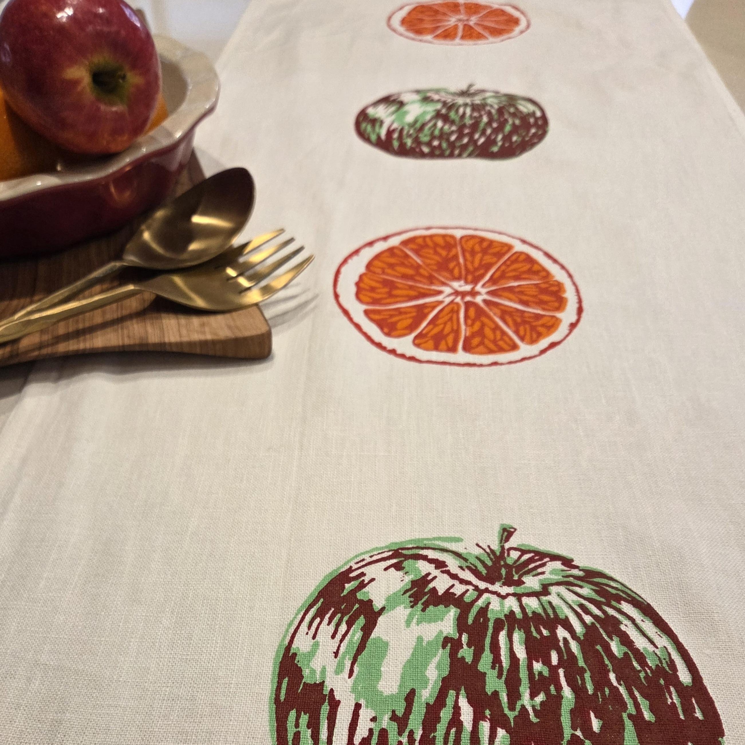Hand Screenprinted Linen Table Runners-Apples & Oranges