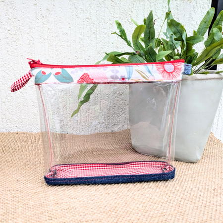 Travel Pouch Clear Organiser Upcycled Denim Red Gingham botanical