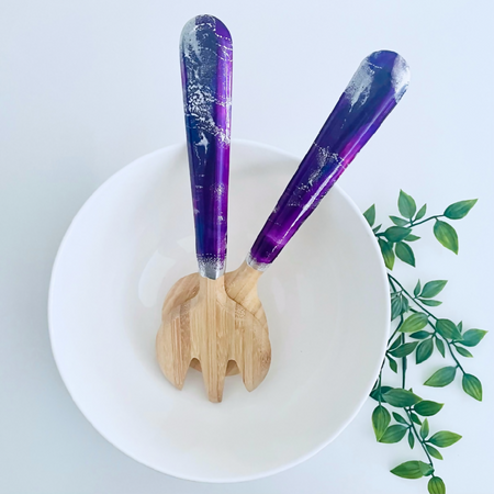 Bamboo and Resin Salad Server Set in Purple and Silver.
