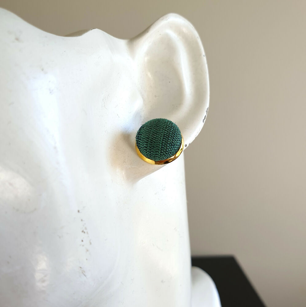 1.4cm Round Green Gradient Japanese Kimono Fabric Gold colour Cabochon stud earrings