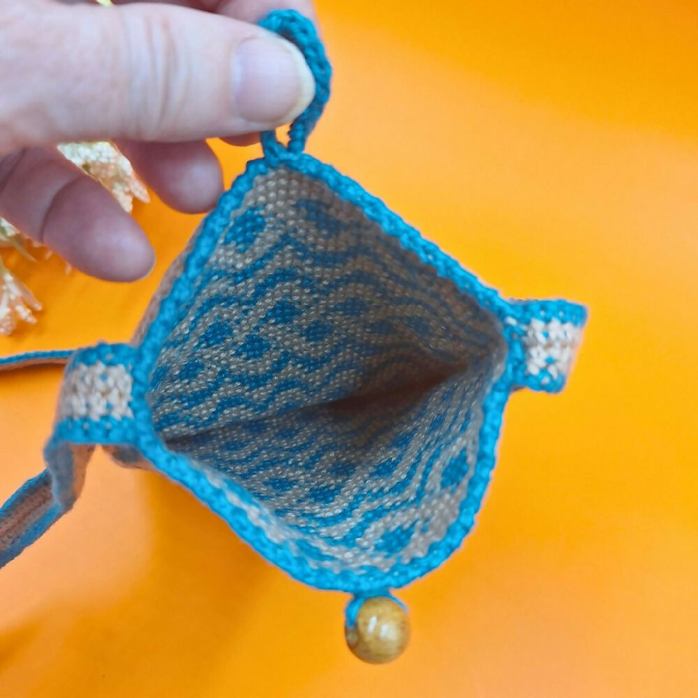 Tapestry Crochet Phone Bag- Turquoise - inside