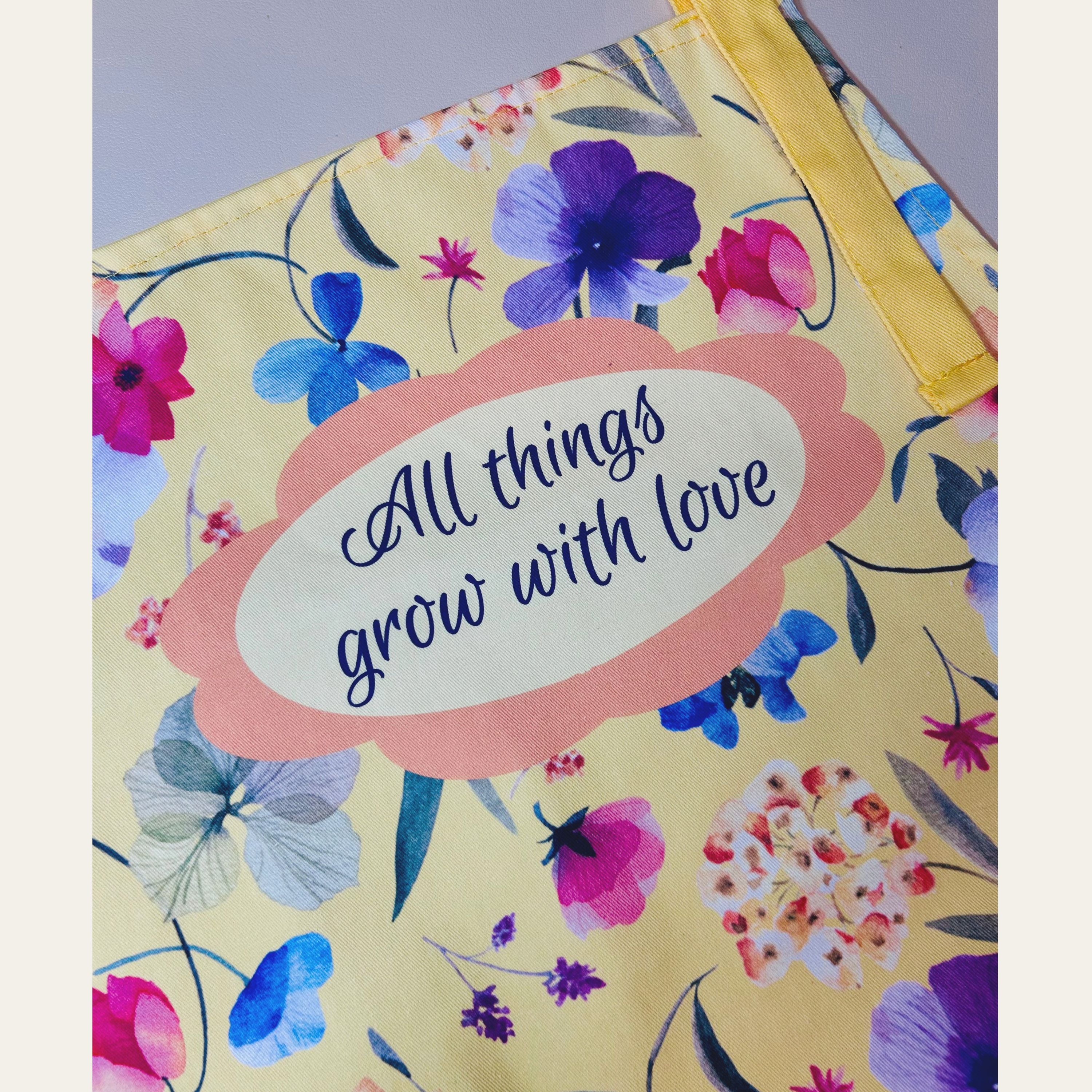 Pressed & Cherished Apron — “All Things Grow With Love” | Handmade Floral Cotton Apron | Gift for Mum, Wife, Teacher, Gardener or Artist | Free Shipping