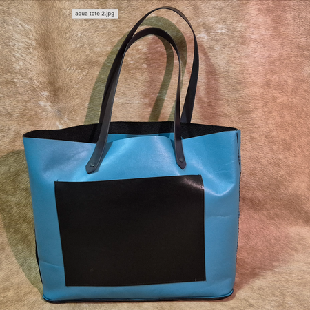 Large leather aqua and black tote bag