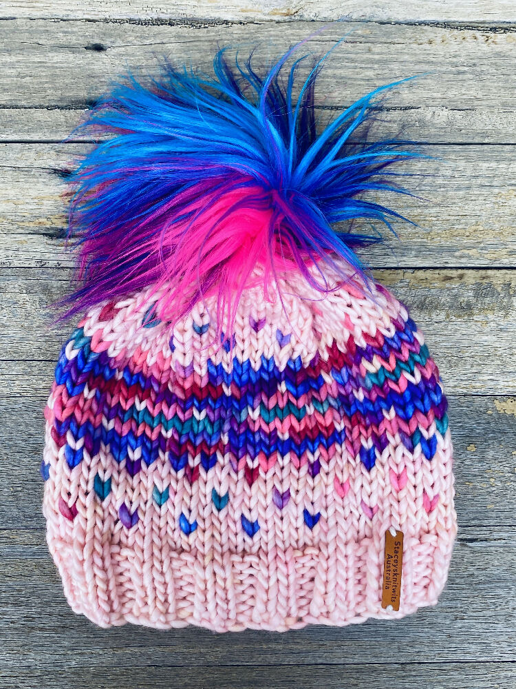 Pink Beanie, Pink Merino Pompom Beanie