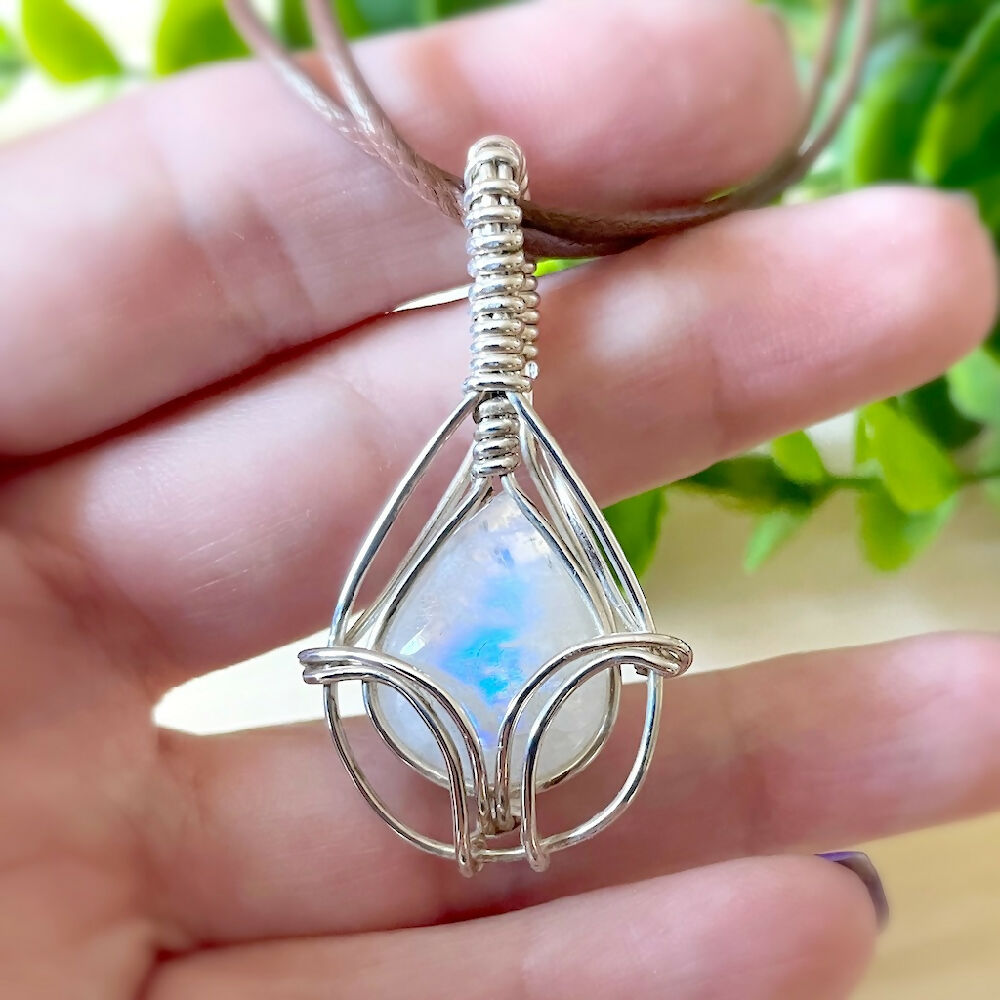 Fabulous 47x25mm Wire-Wrapped Rainbow Moonstone Pendant