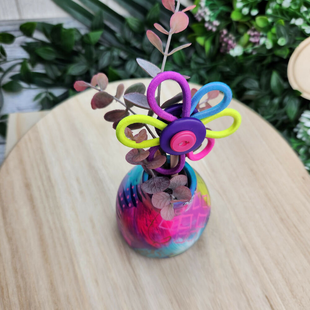 Blooming Buttons - Handpainted Squat Vase with Button Flowers