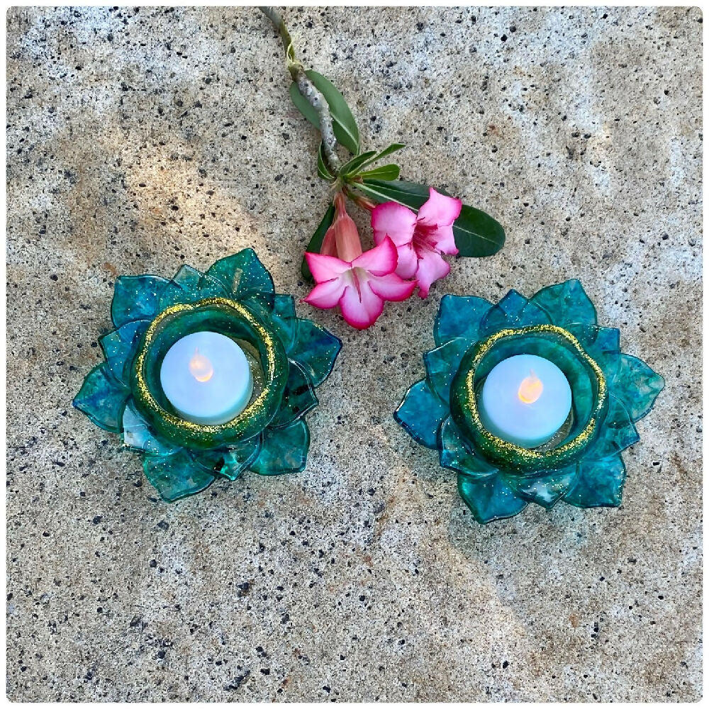 Aqua and gold lotus flower tea lights