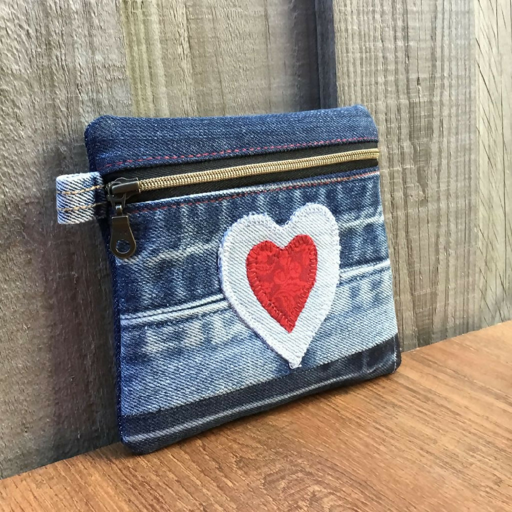 Upcycled Denim Coin Pouch - Denim & Red Heart