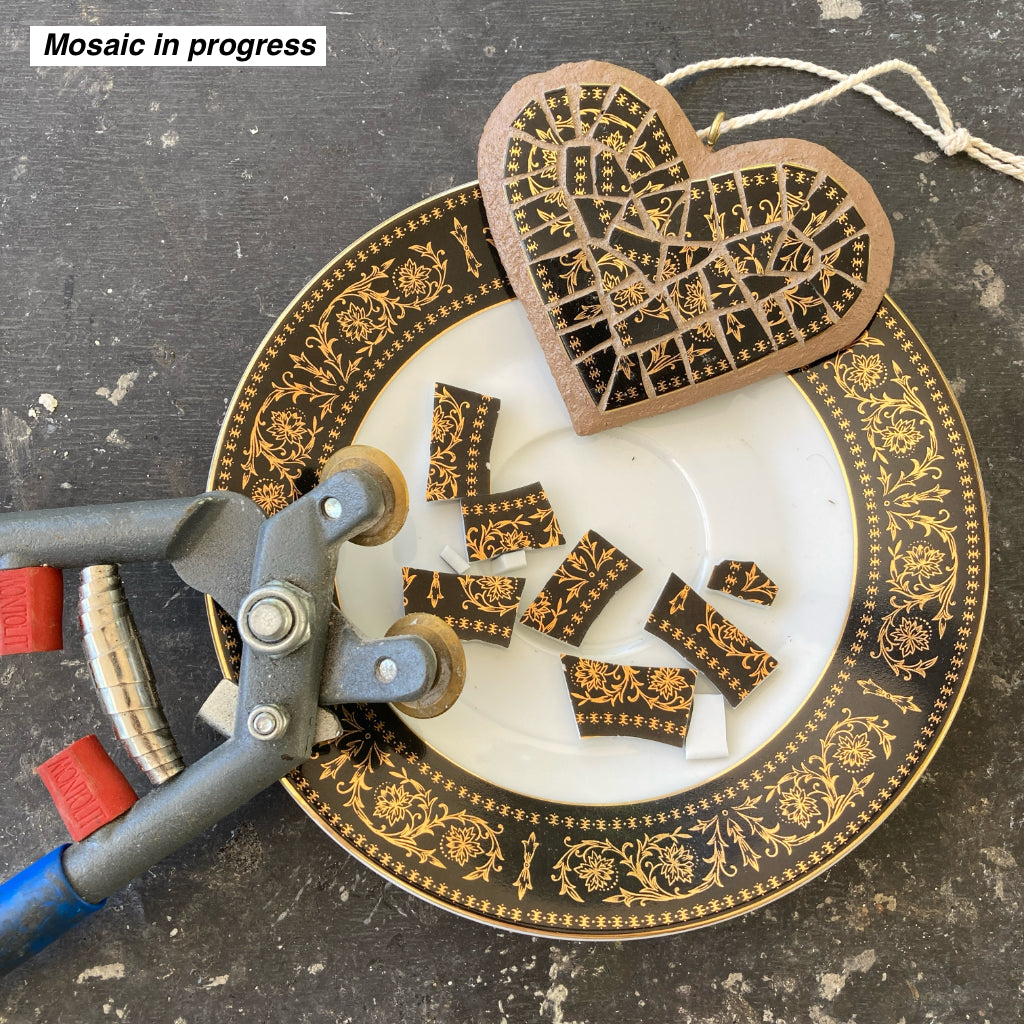 Upcycled Mosaic Hearts - Hanging Ornament - Set of 2 - Black/Gold