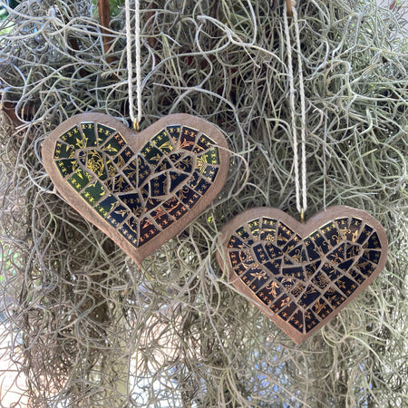Upcycled Mosaic Hearts - Hanging Ornament - Set of 2 - Black/Gold