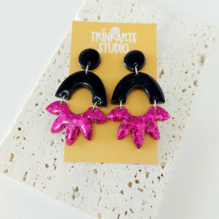 Black and Fuschia Flower Resin Glitter Dangle Earrings