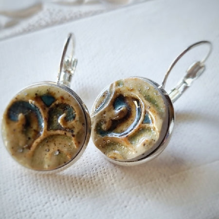 Artisan Ceramic Earrings, Brown, Green, Natural Earth tones, 16mm diameter, for pierced ears